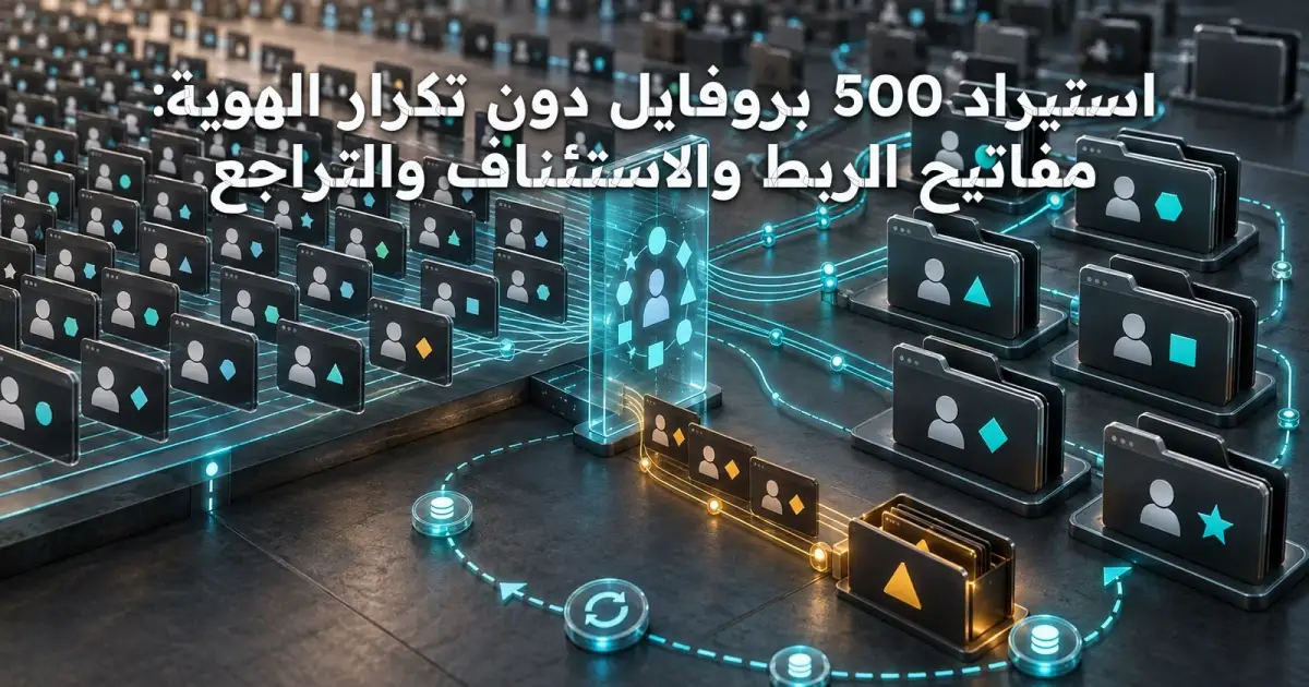 استيراد 500 بروفايل دون تكرار الهوية: مفاتيح الربط والاستئناف والتراجع