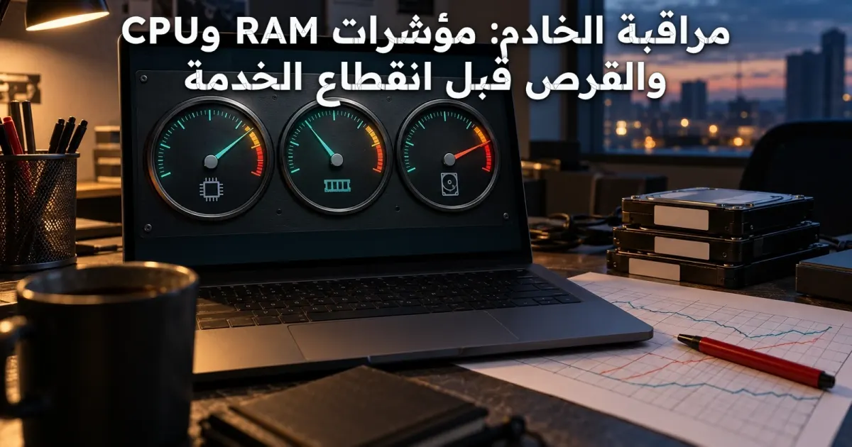 مراقبة الخادم: مؤشرات RAM وCPU والقرص قبل انقطاع الخدمة