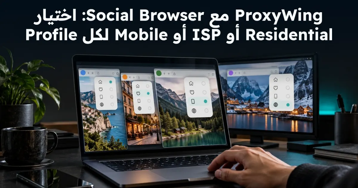 ProxyWing مع Social Browser: اختيار Residential أو ISP أو Mobile لكل Profile
